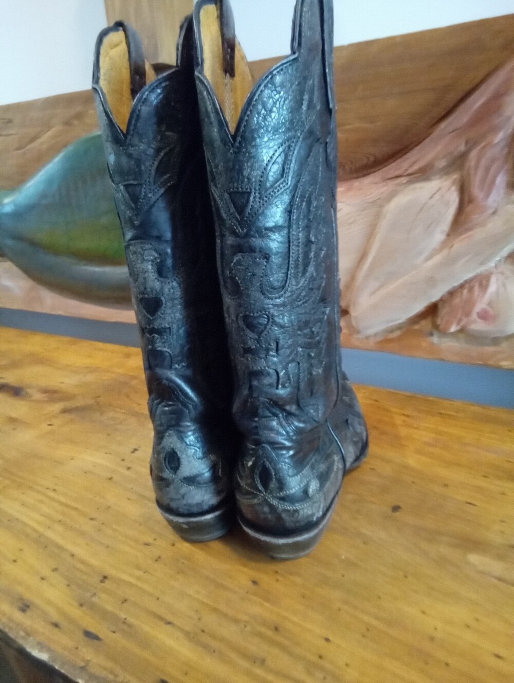 Vintage Safari Black Distressed  Leather Phoenix Tall Snip Toe Cowgirl Boots 6.5 - Picture 8 of 16